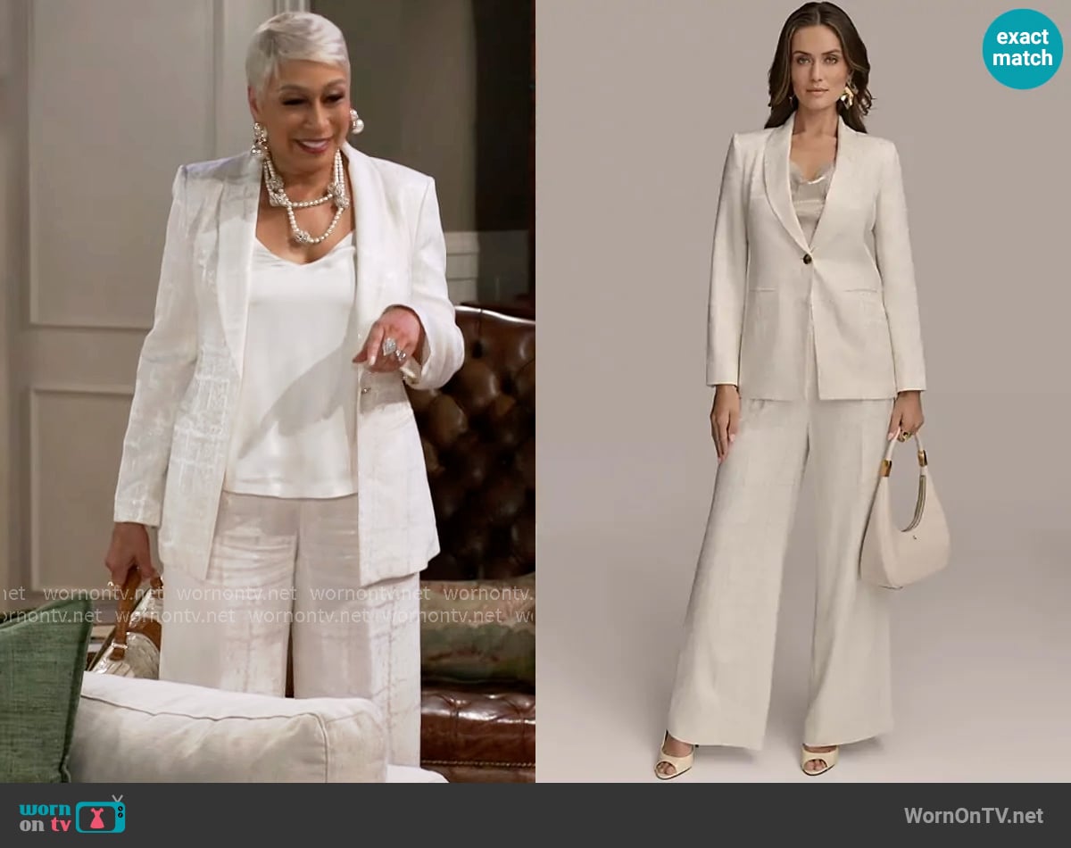 Donna Karan Linen-Blend Jacquard One-Button Blazer worn by Anita Dupree (Tamara Tunie) on Beyond the Gates Donna Karan Linen-Blend Jacquard One-Button Blazer worn by Anita Dupree (Tamara Tunie) on Beyond the Gates