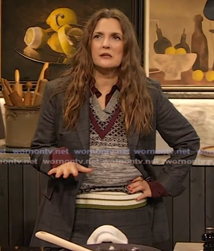 Drew’s plaid knit vest and blazer on The Drew Barrymore Show Drew’s plaid knit vest and blazer on The Drew Barrymore Show