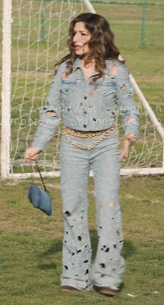 Esmerelda’s denim jacket and pants with cutouts on The Paper Esmerelda’s denim jacket and pants with cutouts on The Paper