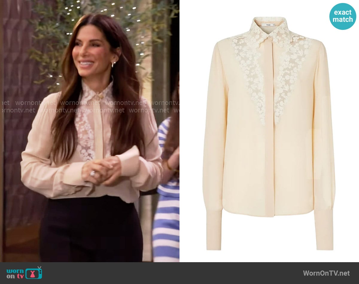 Fendi Lace-trimmed Silk Georgette Shirt worn by Sandra Bullock on Live with Kelly and Mark Fendi Lace-trimmed Silk Georgette Shirt worn by Sandra Bullock on Live with Kelly and Mark