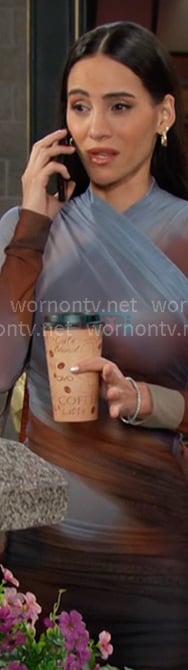 Gabi’s blue and brown cross neck mini dress on Days of our Lives Gabi’s blue and brown cross neck mini dress on Days of our Lives