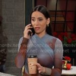Gabi’s blue and brown cross neck mini dress on Days of our Lives