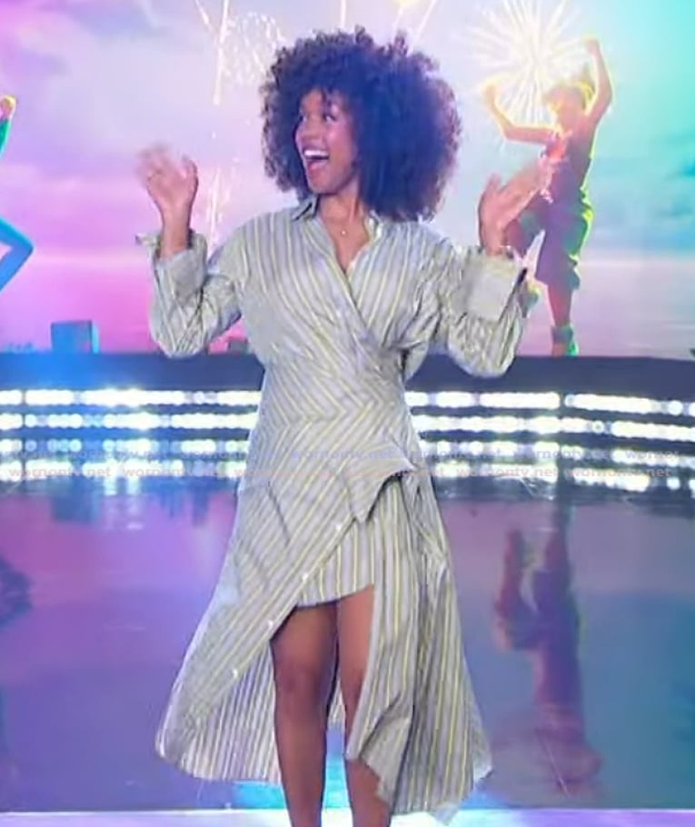 Gabriella’s green stripe wrap dress on The Jennifer Hudson Show Gabriella’s green stripe wrap dress on The Jennifer Hudson Show
