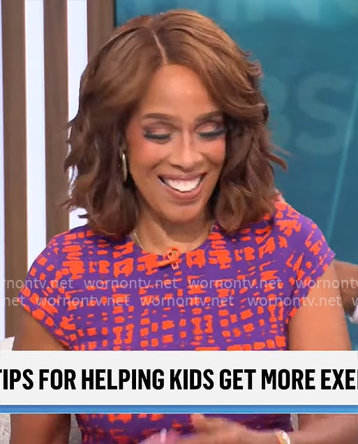 Gayle King’s orange and purple printed dress on CBS Mornings Gayle King’s orange and purple printed dress on CBS Mornings