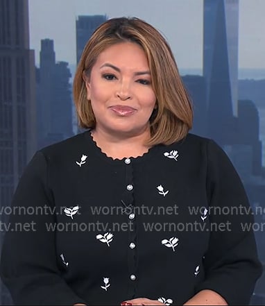 Gilma’s black floral embroidered cardigan on NBC News Daily Gilma’s black floral embroidered cardigan on NBC News Daily