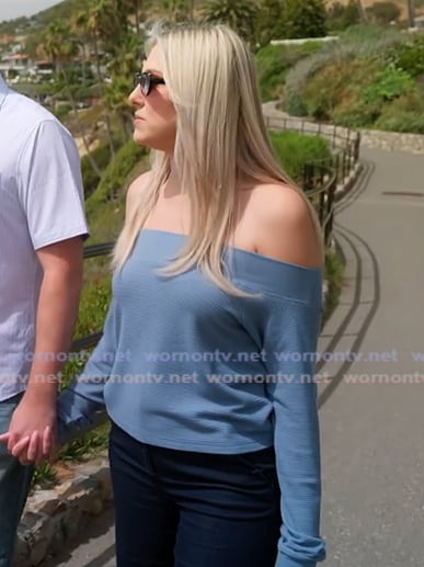 Gina’s blue off shoulder top on The Real Housewives of Orange County Gina’s blue off shoulder top on The Real Housewives of Orange County