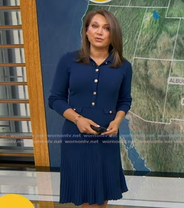 Ginger’s navy pleated dress on Good Morning America