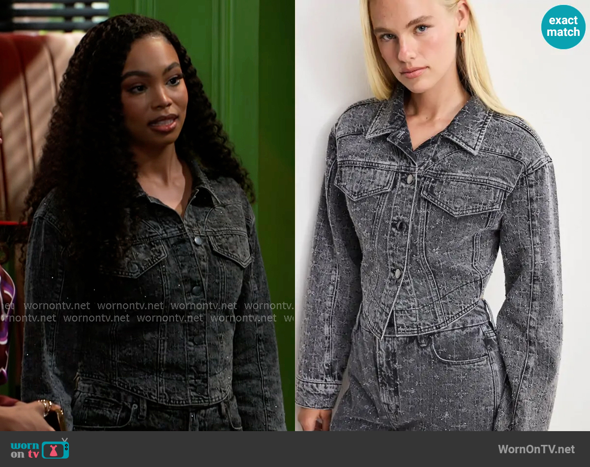 Good American Dolly Crystal Denim Jacket worn by Chelsea Hamilton (RhonniRose Mantilla) on Beyond the Gates Good American Dolly Crystal Denim Jacket worn by Chelsea Hamilton (RhonniRose Mantilla) on Beyond the Gates