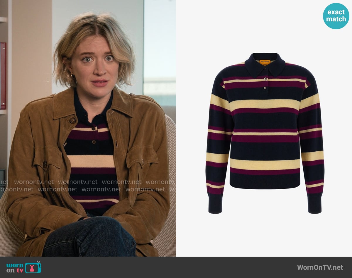 Guest in Residence Collegiate Stripe Polo in Midnight Combo worn by Mare Pritti (Chelsea Frei) on The Paper Guest in Residence Collegiate Stripe Polo in Midnight Combo worn by Mare Pritti (Chelsea Frei) on The Paper