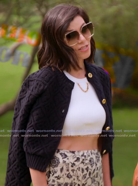 Heather’s black knit monogram logo cardigan on The Real Housewives of Orange County