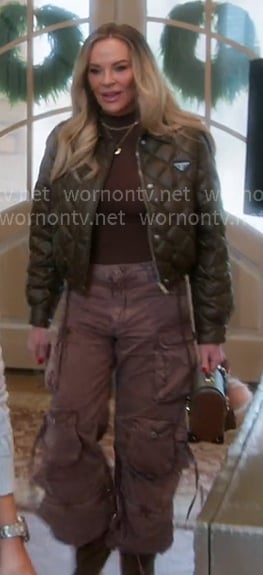 Heather's bronw quilted puffer jacket and pink pants on The Real Housewives of Salt Lake City