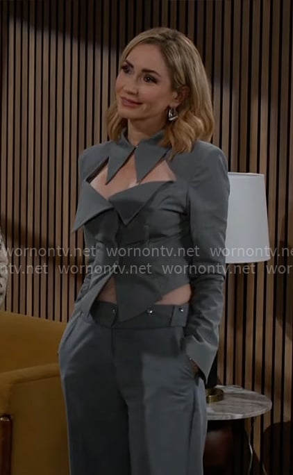 Heather's grey cutout shirt with folds on Beyond the Gates