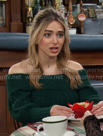 Holly’s green off-shoulder sweater on Days of our Lives Holly’s green off-shoulder sweater on Days of our Lives