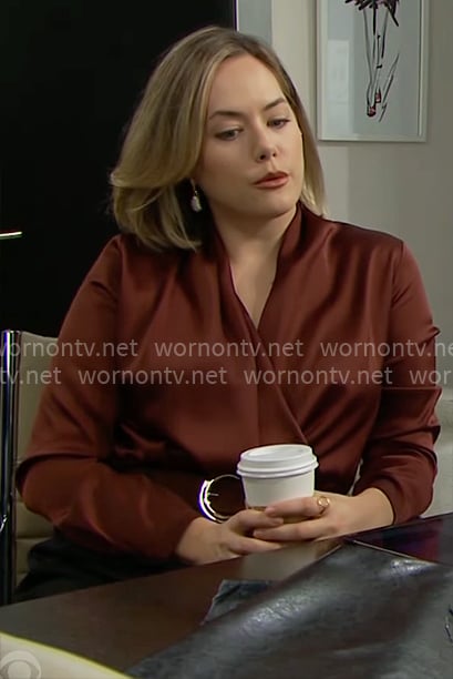 Hope’s dark red blouse and earrings on The Bold and the Beautiful Hope’s dark red blouse and earrings on The Bold and the Beautiful