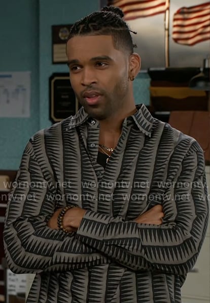 Izaiah’s geometric print shirt on Beyond the Gates Izaiah’s geometric print shirt on Beyond the Gates