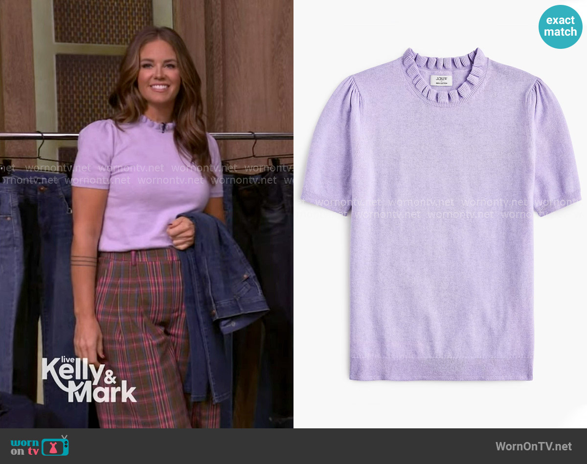 J. Crew Short-sleeve Cotton Ruffleneck Sweater in Hthr Soft Mauve worn by Monica Mangin on Live with Kelly and Mark J. Crew Short-sleeve Cotton Ruffleneck Sweater in Hthr Soft Mauve worn by Monica Mangin on Live with Kelly and Mark