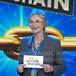 Jane Lynch’s grey pinstripe double breasted blazer on Today Jane Lynch’s grey pinstripe double breasted blazer on Today