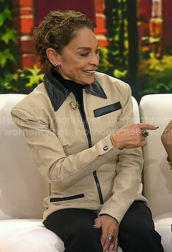 Jasmine Guy’s beige contrast collar zip jacket on Today