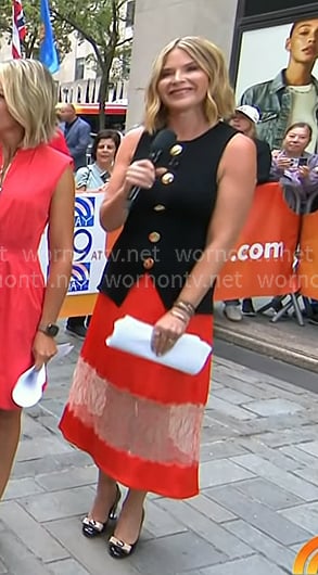 Jenna's black sleeveless top with gold buttonds and red lace skirt on Today