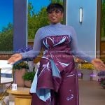 Jennifer's burgundy abstract ruffle top and pants on The Jennifer Hudson Show Jennifer's burgundy abstract ruffle top and pants on The Jennifer Hudson Show