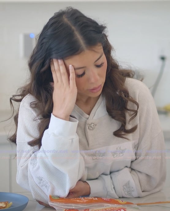 Jen's gray embroidered sweatshirt on The Secret Lives of Mormon Wives