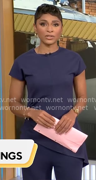 Jericka Duncan's navy asymmetric top and pants set on CBS Mornings