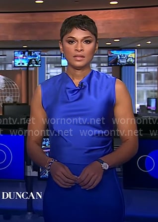 Jericka's blue cowl neck top and bandage pencil skirt on CBS Evening News