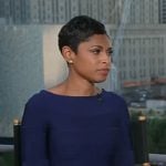 Jericka’s navy elbow sleeve dress on CBS Evening News