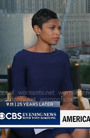 Jericka's navy elbow sleeve dress on CBS Evening News