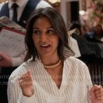 Jessel’s white striped v-neck shirt on The Real Housewives of New York City Jessel’s white striped v-neck shirt on The Real Housewives of New York City
