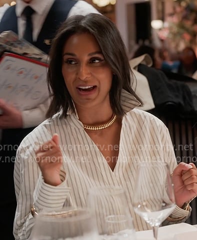 Jessel’s white striped v-neck shirt on The Real Housewives of New York City Jessel’s white striped v-neck shirt on The Real Housewives of New York City