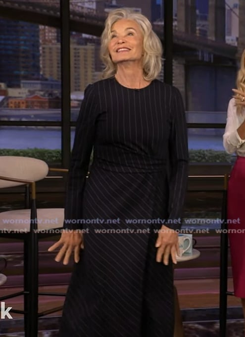 Jessica Lange’s navy pinstripe dress on Live with Kelly and Mark Jessica Lange’s navy pinstripe dress on Live with Kelly and Mark