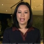 Jo Ling Kent's navy polo top with burgundy collar on CBS Mornings Jo Ling Kent's navy polo top with burgundy collar on CBS Mornings