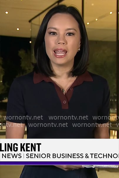 Jo Ling Kent’s navy polo top with burgundy collar on CBS Mornings Jo Ling Kent’s navy polo top with burgundy collar on CBS Mornings