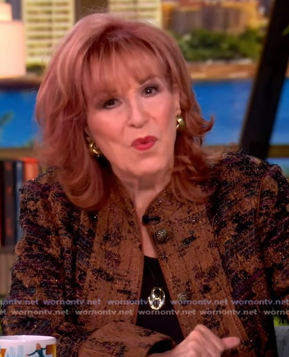 Joy’s brown metallic tweed jacket on The View Joy’s brown metallic tweed jacket on The View