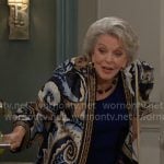 Julie’s blue and beige printed open jacket on Days of our Lives Julie’s blue and beige printed open jacket on Days of our Lives