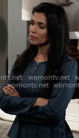 Justine’s navy blue peplum tweed jacket on General Hospital Justine’s navy blue peplum tweed jacket on General Hospital