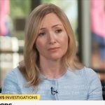 Katrina Kaufman’s light blue button front knit top on CBS Mornings