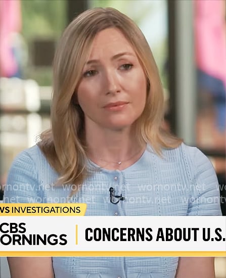 Katrina Kaufman’s light blue button front knit top on CBS Mornings Katrina Kaufman’s light blue button front knit top on CBS Mornings