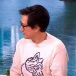 Ke Huy Quan’s white floral embroidered sweater on The View Ke Huy Quan’s white floral embroidered sweater on The View
