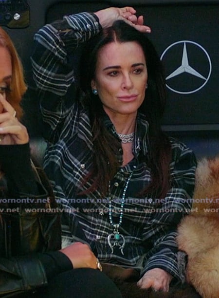 Kyle’s black plaid print shirt on The Real Housewives Ultimate Girls Trip Kyle’s black plaid print shirt on The Real Housewives Ultimate Girls Trip