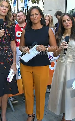 Laura’s black peplum top and orange pants on Today Laura’s black peplum top and orange pants on Today