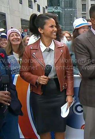 Laura's brown leather moto jacket on Today Laura's brown leather moto jacket on Today