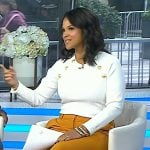 Laura’s white button detail top and mustard yellow pants on Today
