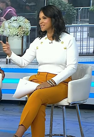 Laura’s white button detail top and mustard yellow pants on Today