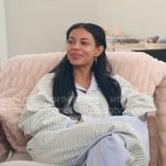 Layla’s blue and yellow striped sweatshirt and pants on The Secret Lives of Mormon Wives Layla’s blue and yellow striped sweatshirt and pants on The Secret Lives of Mormon Wives