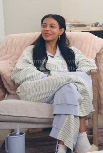 Layla’s blue and yellow striped sweatshirt and pants on The Secret Lives of Mormon Wives Layla’s blue and yellow striped sweatshirt and pants on The Secret Lives of Mormon Wives