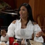 Leslie's white cutout shoulder shirt on Beyond the Gates