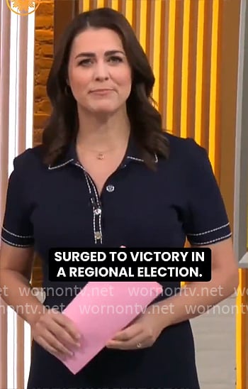 Lindsey Reiser’s navy polo dress with contrast stitching on CBS Mornings