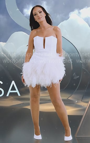 Lisa's white feather-trim cut scene dress on The Real Housewives of Salt Lake City